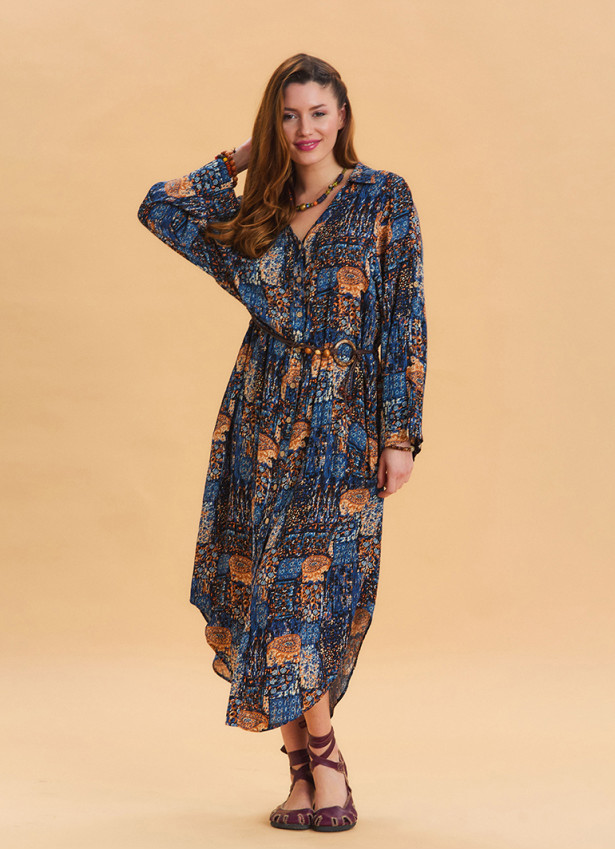 Shirt Collar Belt Detailed Blue Bohemian Dress 4451